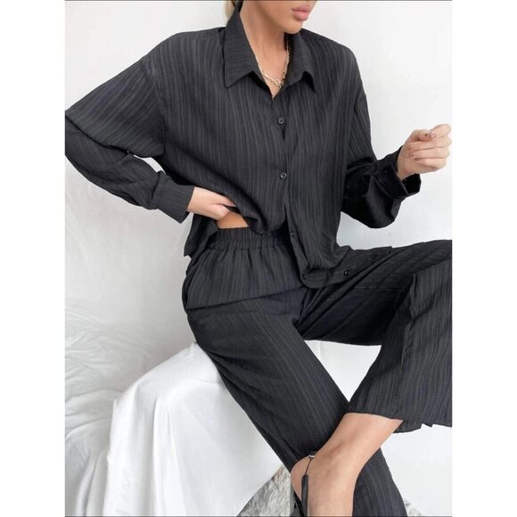 2 piece set: button down shirt & wide leg pants textured black - Picture 3 of 8